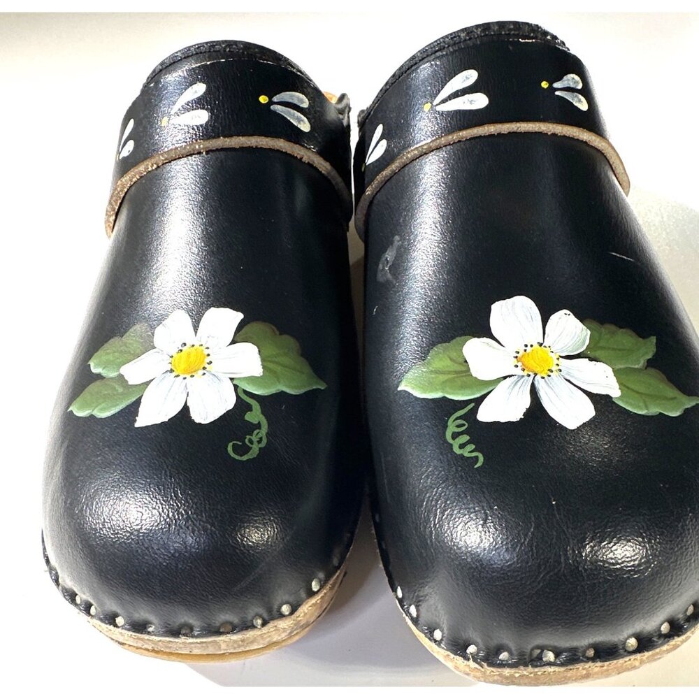 Handmade Swedish Black Leather Clogs With Hand-Painted Flowers Wood Sole Size 37